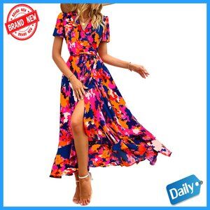 Women's Boho Floral Maxi Dress Wrap V Neck Short Sleeve Summer Beach